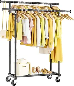 Double Rods Clothes Rack, Rolling Clothing Rack for Hanging Clothes