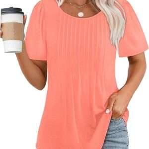 OFEEFAN Womens T Shirts Short Sleeve Pleated Dressy Casual Scooped Neck