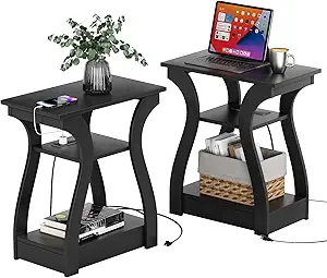 Black End Table Set of 2 with Charging Station, Side Table with USB Ports