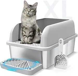 Enclosed Stainless Steel Cat Litter Box with Lid Extra Large Litter Box for