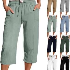 Capri Pants for Women Drawstring Elastic High Waistedt Linen Trousers Lightweight