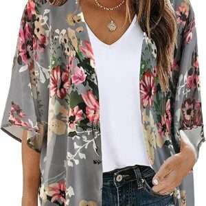 Women's Floral Print Puff Sleeve Kimono Cardigan Loose Cover Up