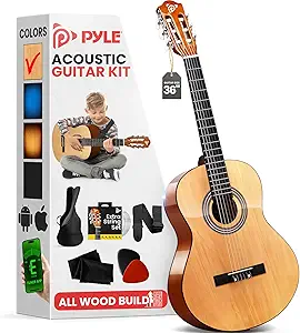 Pyle Beginner Acoustic Guitar Kit, 3/4 Junior Size All Wood Instrument
