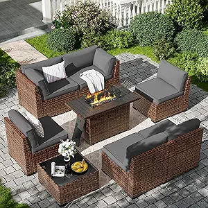 Amopatio 8-Piece Outdoor Patio Furniture Set with 44" Fire Pit Table, Modern Rattan