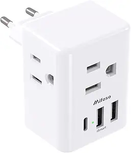 European Travel Plug Adapter with USB Charging Ports, International Type C Power