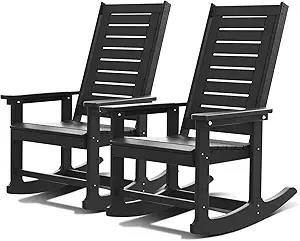 GREENVINES Outdoor Rocking Chairs | Set of 2 | Porch Rocker | HDPE Plastic | Black | Oversized Rockers | High Back | Big & Tall | Ladder Back | for Patio Outside Backyard Balcony Garden