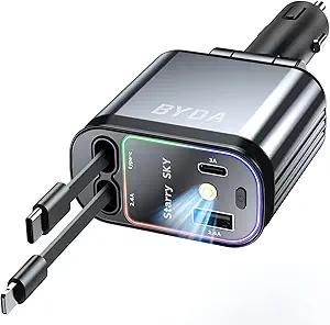 4 in 1 Retractable USB C Car Charger,69W with Starry Light,Fast Charging
