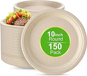 10 Inch Compostable Disposable Paper Plates, 150 Pack Heavy Duty Paper Plates