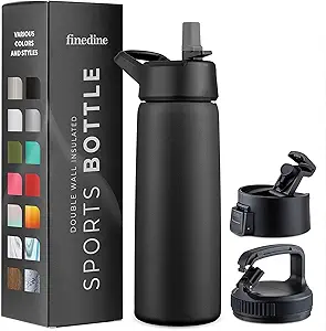 FineDine Triple Walled, Insulated Water Bottles with Straw
