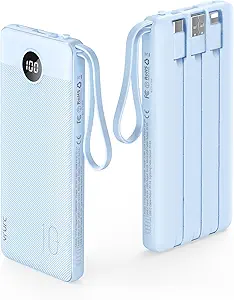VRURC 10000mAh Power Bank Built-in Cables, Portable Charger