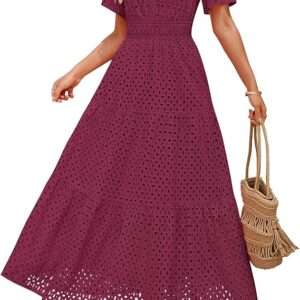 ZESICA Women's 2025 Summer Short Sleeve Maxi Dress Casual V Neck Hollow