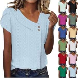 Summer Tops for Women 2025 Trendy Causal Short Sleeve Asymmetric V Neck Eyelet
