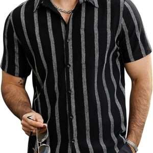 VATPAVE Mens Summer Striped Shirts Button Down Short Sleeve Vintage Beach
