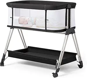 Fodoss Baby Bassinet Bedside Sleeper with Wheels and Storage Tray,4-Sided Mesh