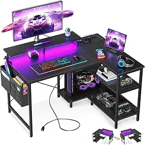 ODK 40 Inch Gaming Desk with USB Power Outlets and LED Lights, Reversible