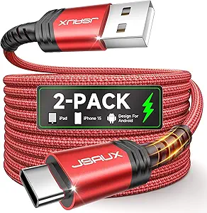 JSAUX USB C Cable [2-Pack 6.6ft], USB A to USB Cord 3.1A Fast Charging Compatible