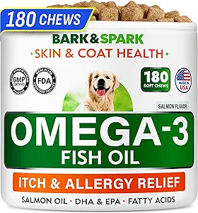BARK&SPARK Omega 3 for Dogs - 180 Fish Oil Treats for Dog Shedding, Skin Allergy